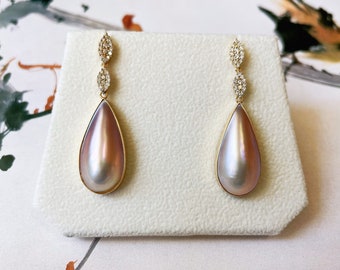 Amami Mabe Pearl Drop Earrings: 18K Gold & Diamond, Pink Sheen