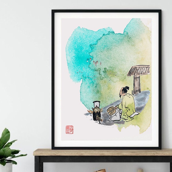 Aquarell Print, Lu Yu Tea Lore chinesische Malerei, orientalische druckbare Kunst Wandkunst, Geschenk für Zuhause, Poster drucken