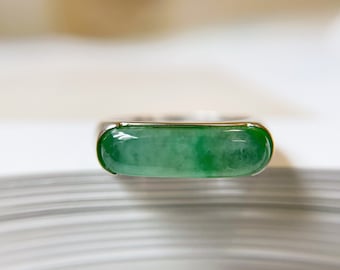 Natural Icy Type Green Saddle Jade Ring in 18K White Gold - Minimalist Simple Classic