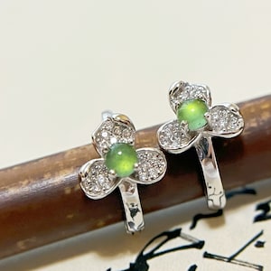 Natural Myanmar Icy Green Jade Cabochons Huggie Hoop Floral Shaped Earrings, set in 925 Sterling Silver and Zircons