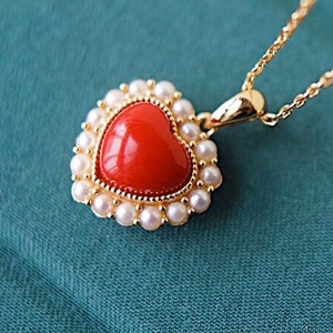 Heart Shape Red Resin Necklace in Gold Plated Silver with Fresh Water Pearl