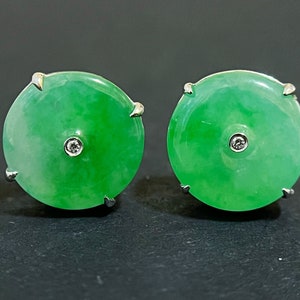 Natural Myanmar Imperial Green Donut Jade Earrings - Simple Round Ear Studs in 18K White Gold