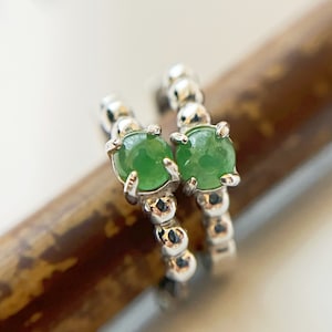 Natural Myanmar Vivid Green Jadeite Jade Cabochons Huggie Hoop Earrings, set in 925 Sterling Silver