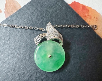 Natural Myanmar Icy Type Vivid Green Halo Donut Round Jade Pendant in 18K Gold and Diamond