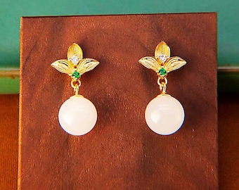 Natural White Jade Nephrite Flower Drop Earrings in 925 Silver and Zircon