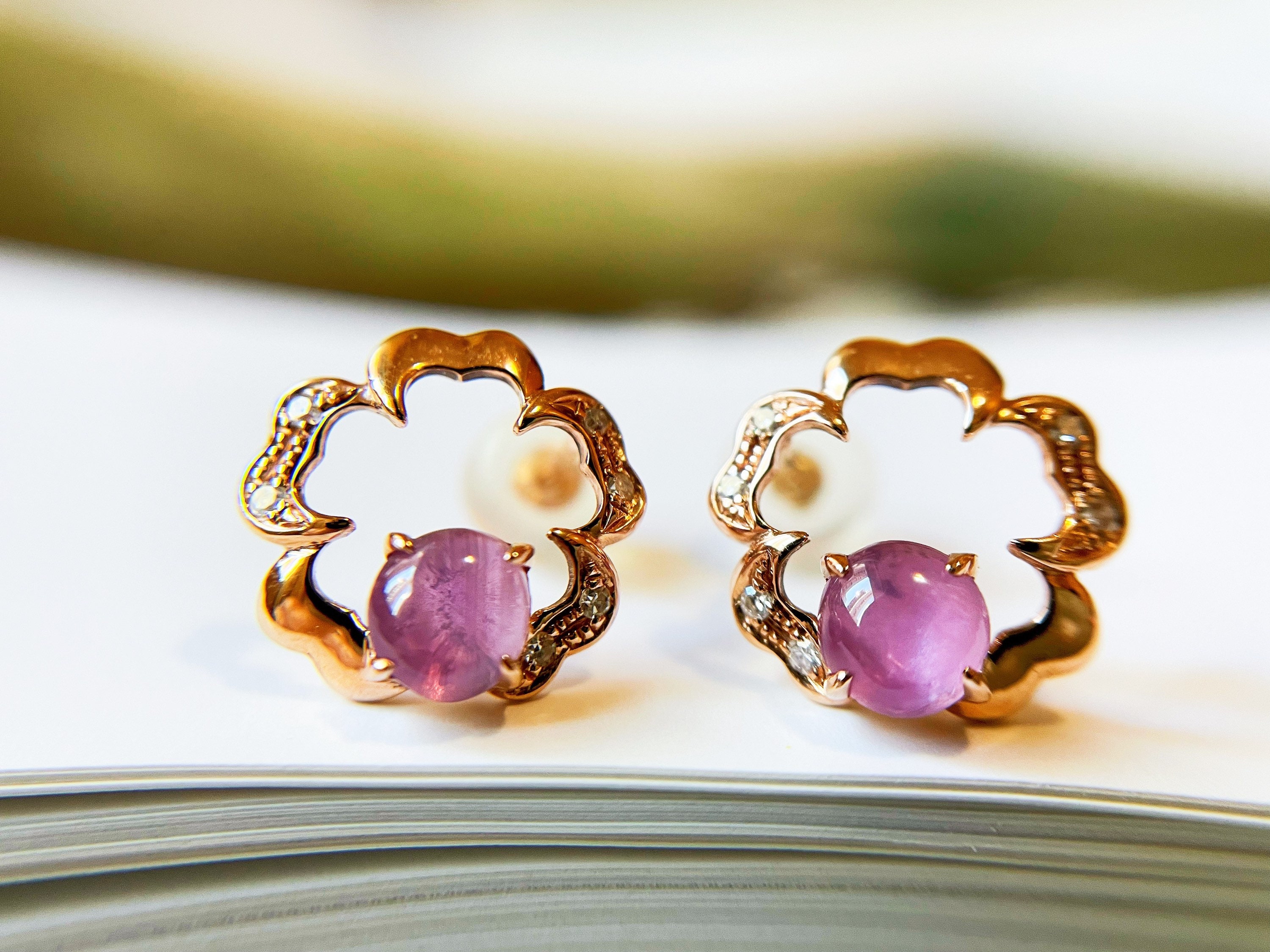 Natural Myanmar Star Ruby with Diamond & 18k Rose Gold Earrings, Sakura Ear Studs