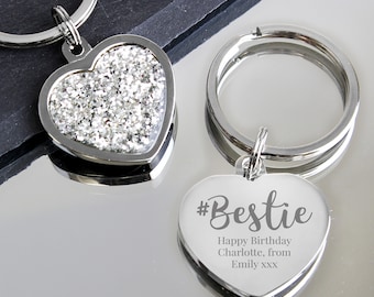 Personalised #Bestie Diamante Heart Keyring - Best Friend Gift - Bestie Keychain - Personalised Friendship Keyring