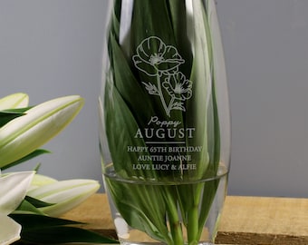 Personalised August Birth Flower Bullet Vase - Personalised Glass Vase - Birth Flower Gift - Poppy - August Birthday Gift - Floral Vase
