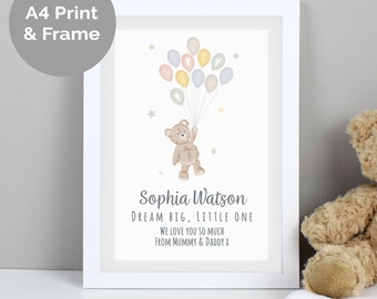 Personalised Teddy & Balloons A4 White Framed Print - New Born Baby Gift - Nursery Decor - Personalised Baby Gift - Nursery Wall Decor