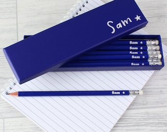 Personalised Star Box and 12 Blue HB Pencils - Personalised Back to School Pencils - Stationery - Son, Grand-Son Gift - First Day at School