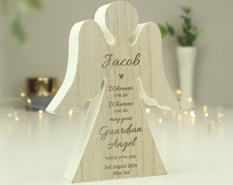 Personalised Guardian Angel Rustic Wooden Angel Decoration - Angel Keepsake - Memorial - Holy Communion - Baptism - Christening