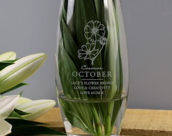 Personalised October Birth Flower Bullet Vase - Personalised Glass Vase - Birth Flower Gift - Cosmos - October Birthday Gift