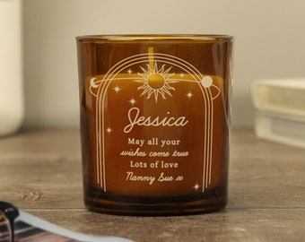 Personalised Celestial Amber Glass Candle - Birthday - Thank you - Friendship Gift - Gift for Mum