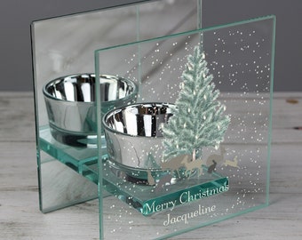 Personalised A Winter's Night Mirrored Glass Tea Light Candle Holder - Personalised Family Christmas Gift