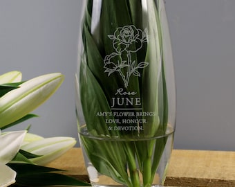 Personalised June Birth Flower Bullet Vase - Personalised Glass Vase - Birth Flower Gift - Rose - June Birthday Gift - Floral Vase