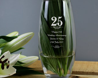 Personalised 25 Years Bullet Vase - 25th Wedding Anniversary Vase - Personalised Silver Anniversary Gift - Engraved Anniversary Vase