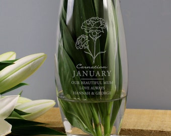 Personalised January Birth Flower Bullet Vase - Personalised Glass Vase - Birth Flower Gift - Carnation - January Birthday Gift