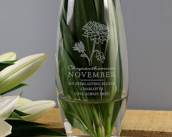 Personalised November Birth Flower Bullet Vase - Personalised Glass Vase - Birth Flower Gift - Chrysanthemum - November Birthday Gift