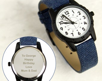 Personalised Boys Watch - Personalised Black with Blue Canvas Strap Boys Watch - Wrist Watch - Personalised Black and Blue Gift Watch