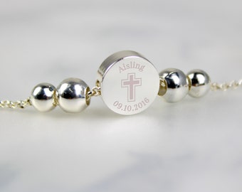 Personalised Silver Plated Cross Round Bracelet - First Holy Communion Gift - Confirmation Gift