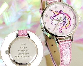 Personalised Unicorn with Pink Glitter Strap Girls Watch - Personalised Girls Wrist Watch - Unicorn Wrist Watch - Personalised Pink Watch