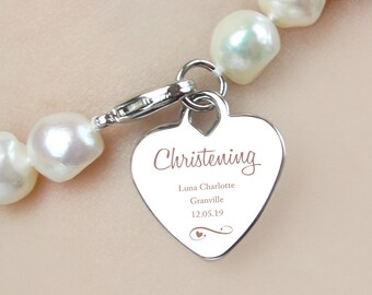 Personalised Christening Swirls & Hearts White Freshwater Pearl Bracelet - Keepsake - Christening Gift