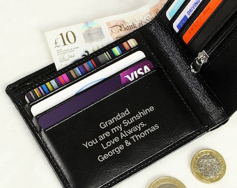 Personalised Free Text Black Leather Wallet - Personalised Mens Leather Wallet - Fathers Day for Dad, Grandad - Personalised Wallet