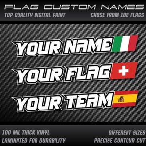 Personal Custom Name & Flag Laminated Stickers: Motorcycle, Bicycle, Helmet Decals