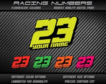 3x Autocollants personnalisés avec numéro et nom de course, couleurs FLUO, pour moto, voiture, kart, motocross, piste, vélo, laminé UV