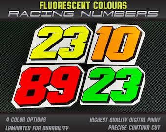 3 x Fluo Neon couleur Racing numéros autocollants décalcomanies graphiques course moto voiture kart motocross MX piste dirtbike UV laminé