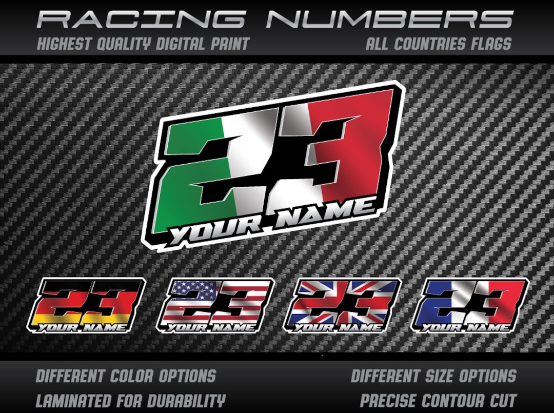 3x Custom Race Number Decals: Name & Country Flag, UV Laminated - Etsy