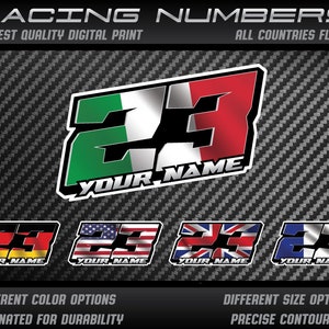 3x Custom Race number, name and country flag plate stickers decals graphics motorcycle car kart motocross MX track bike racecar UV Laminated