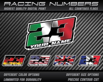 3x Custom Race Number Decals: Name & Country Flag, UV Laminated