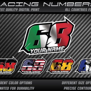 3x Custom Race number, name and country flag plate stickers decals graphics motorcycle car kart motocross MX track bike racecar UV Laminated