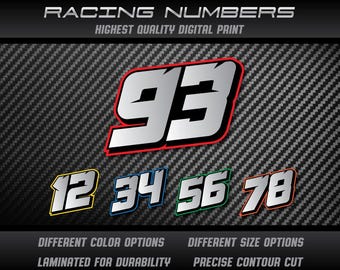 3 x numéros de course personnalisés autocollants en vinyle décalcomanies graphiques course moto voiture kart MX piste dirtbike UV laminé