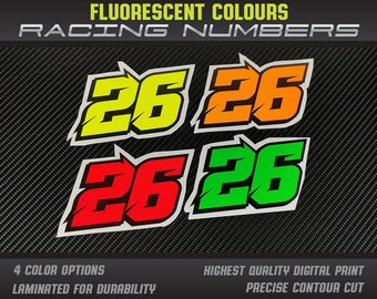 3 x Fluo Neon couleur Racing numéros autocollants décalcomanies graphiques course moto voiture kart motocross MX piste dirtbike UV laminé
