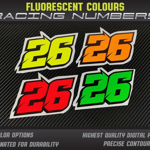 3 x Fluo Neon color personalizado Racing números pegatinas calcomanías gráficos carrera motocicleta coche kart motocross MX pista dirtbike UV Laminado