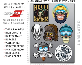 Laminated Ski Snowboard Skull Stickers: Car, Bike, Laptop Decals