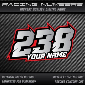 Set di adesivi con numeri di gara: nome personalizzato laminato UV, adesivi con numeri in vinile, numeri di gara personalizzati
