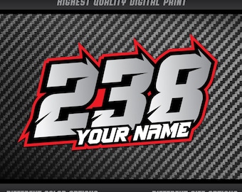 3x persönlicher Aufkleber mit Startnummer und Namensschild Aufkleber Grafik Motorrad Auto Kart Motocross MX Bahnrad Rennwagen UV-laminiert