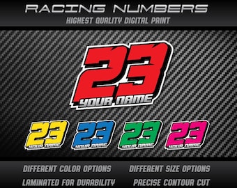 3 x numéros de course personnalisés autocollants en vinyle décalcomanies graphiques course moto voiture kart MX piste dirtbike UV laminé