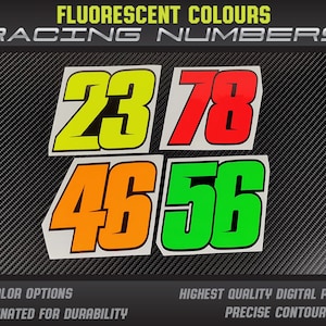 Fluo Neon Racing Number Stickers: Custom Decals, UV Laminated (Set of 3)