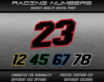 3 x numéros de course personnalisés autocollants en vinyle décalcomanies graphiques course moto voiture kart MX piste dirtbike UV laminé