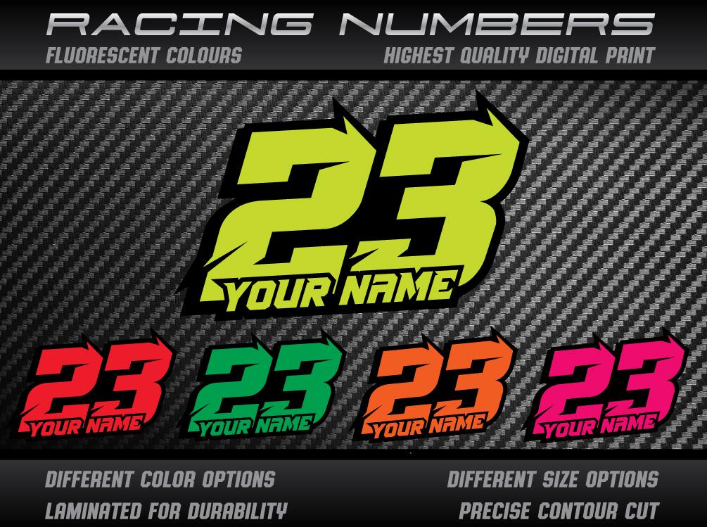 3x Personal Custom Race number and name FLUO colours stickers decals motorcycle car kart motocross MX track bike racecar UV Laminated