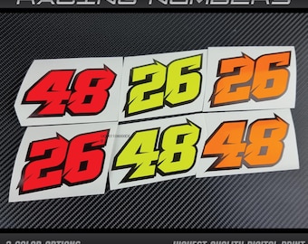 3 x Fluo Neon couleur Racing numéros autocollants décalcomanies graphiques course moto voiture kart motocross MX piste dirtbike UV laminé