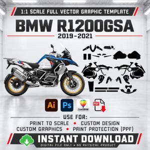 Könnte beinhalten: Eine 1:1 maßstabsgetreue Vektorgrafik-Vorlage für ein BMW R1200GSA 2019-2021 Motorrad. Das Bild zeigt ein blau-weißes Motorrad neben schwarzen Silhouettenformen für individuelles Design, Lackschutz und Grafiken. Enthält Ai, Ps, CorelDRAW und PDF-Dateisymbole.
