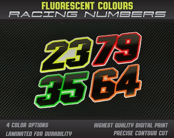 Fluorescent Racing Number Decals: Custom Vinyl Stickers, UV Laminated (3 x Decals)