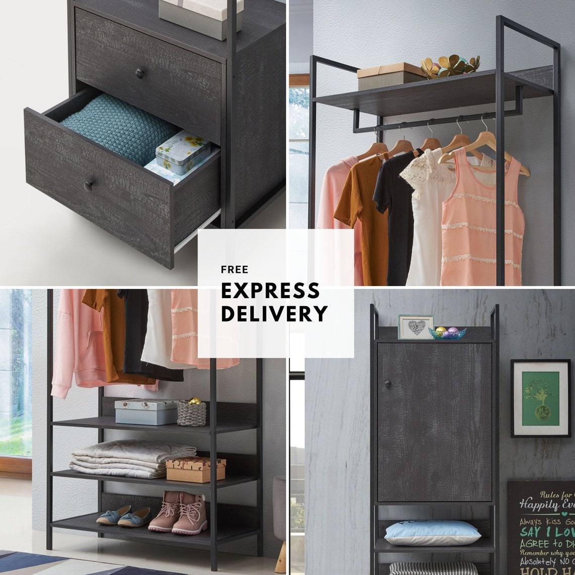 Black Open Wardrobe System with drawers Open Wardrobe Black Etsy