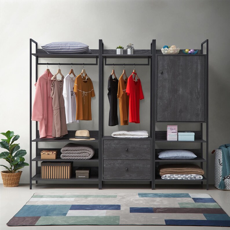 Black Clothing Rack with Shelves Open Wardrobe Black Etsy