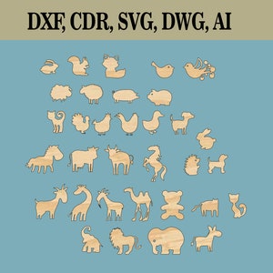 Puede incluir: Una colección de 25 siluetas de animales diferentes, incluyendo un conejo, una ardilla, un zorro, un pájaro, un cerdo, un gato, una gallina, un pato, un caballo, una vaca, un erizo, un perro, una jirafa, un camello, un oso, un elefante y un unicornio. Las siluetas están cortadas en madera y son perfectas para proyectos de manualidades.